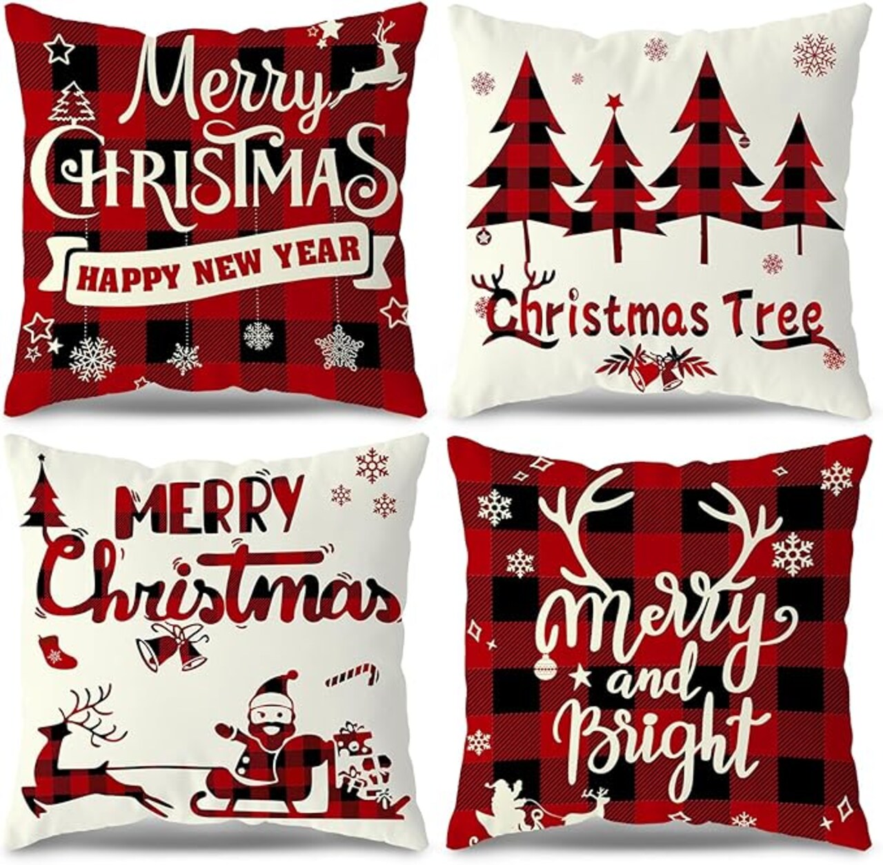 Christmas Decorations, Christmas Decor Christmas Pillow Covers 18x18 Set of 4 Red Black Buffalo Check Plaid Christmas Decorations Clearance Indoor Outdoor Xmas Throw Pillow Cases for Sofa Couch